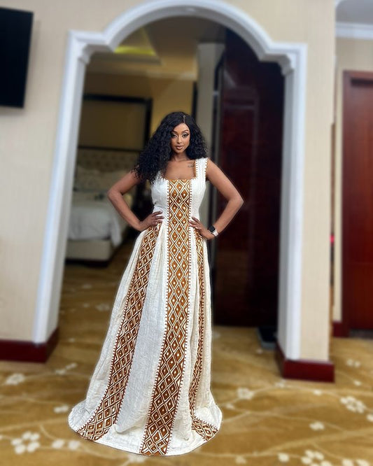 YEABNAT WHITE AND BROWN ETHIOPIAN TRADITIONAL DRESS | DIAMOND TIBEB HABESHA DRESS | TIMELESS CULTURAL WEAR HABESHA KEMIS