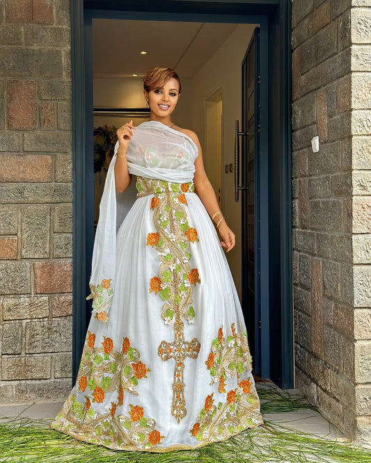 ZEMAWIT ETHIOPIAN TRADITIONAL CLOTH | WHITE HABESHA KEMIS | CULTURAL HABESHA DRESS