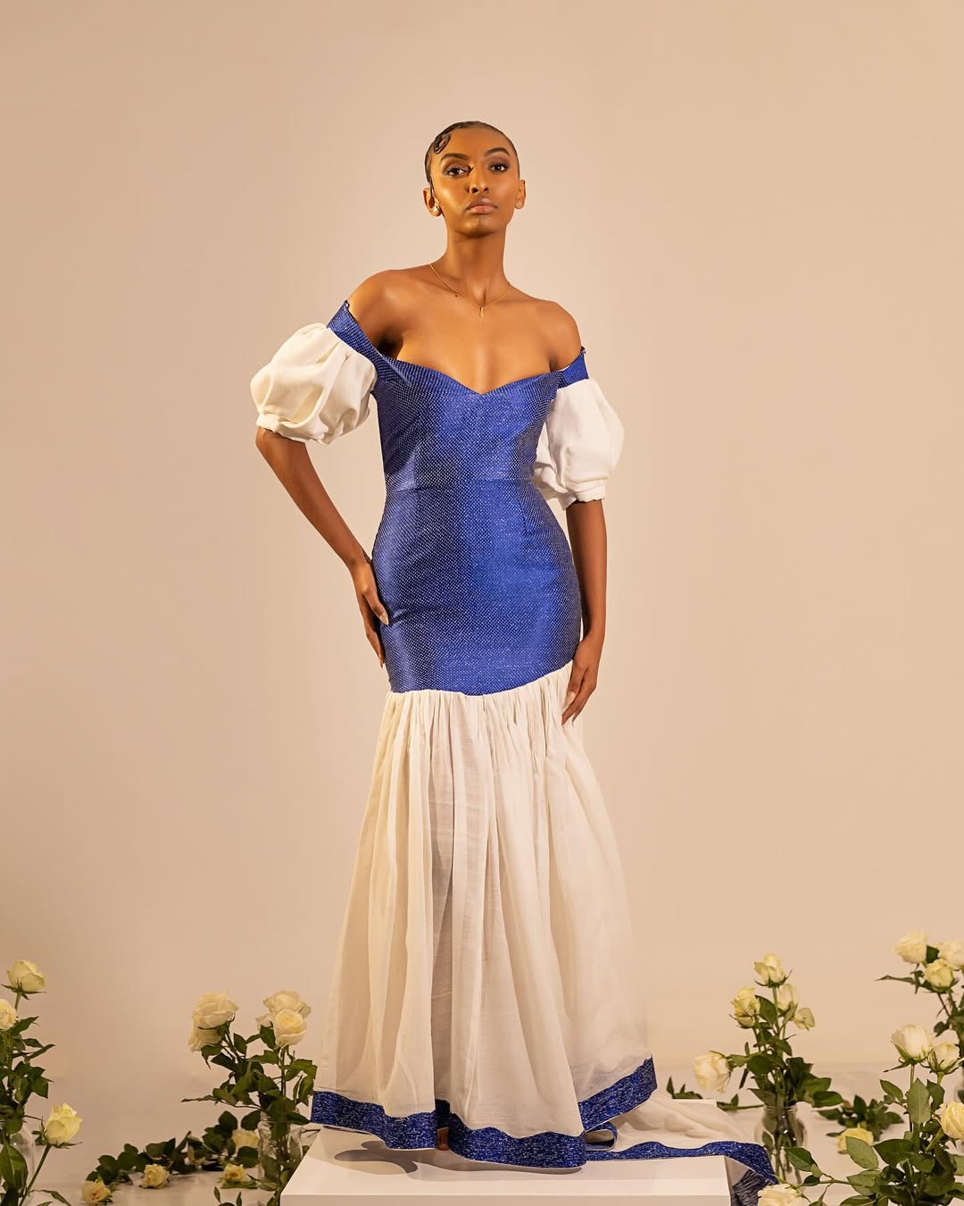 Woman wearing a blue and white dress with puffed sleeves against a beige background