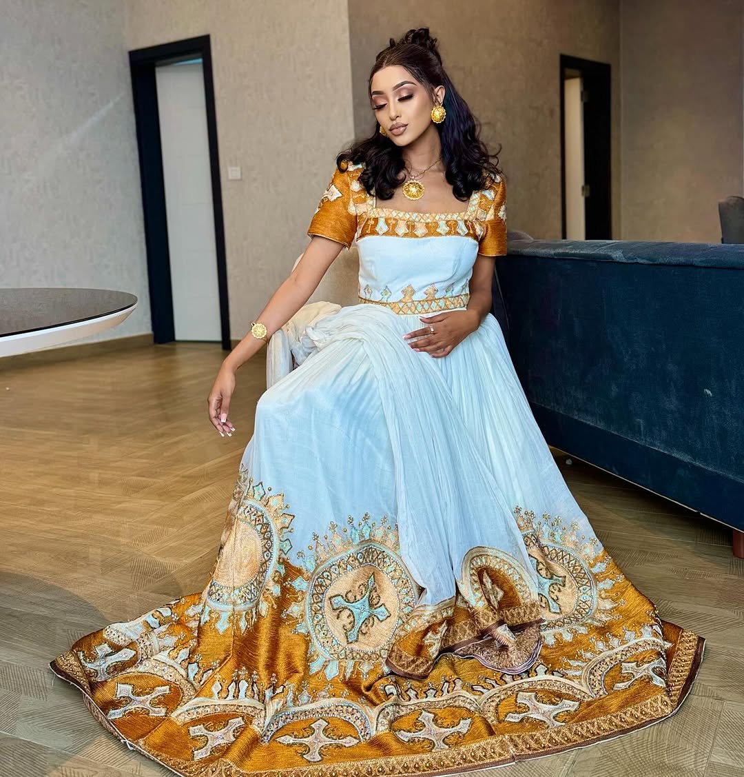 RAHWA ROYAL GOLDEN HABESHA KEMIS | EMBROIDERED CROSS MOTIFS ETHIOPIAN CLOTHING | HANDCRAFTED HABESHA DRESS FOR WEDDING