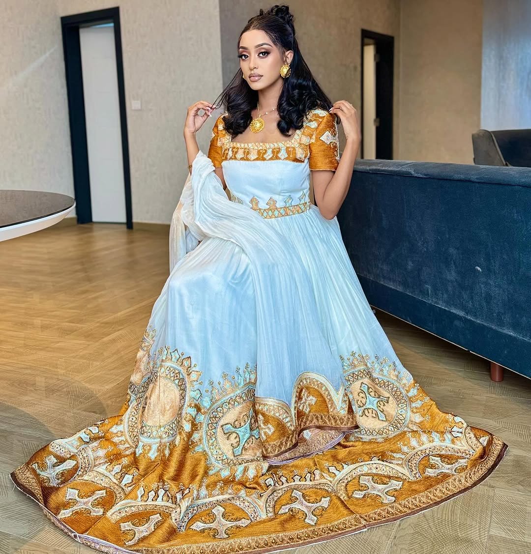 RAHWA ROYAL GOLDEN HABESHA KEMIS | EMBROIDERED CROSS MOTIFS ETHIOPIAN CLOTHING | HANDCRAFTED HABESHA DRESS FOR WEDDING