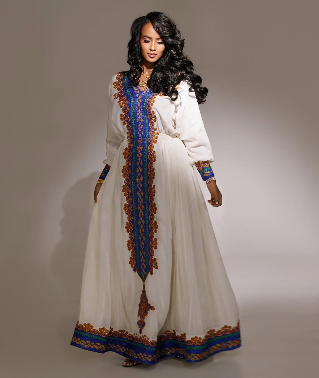 MEKDELAWIT ETHIOPIAN TRADITIONAL DRESS | BLUE AND GOLD HABESHA DRESS | FLOWING FULL SLEEVE HABESHA KEMIS