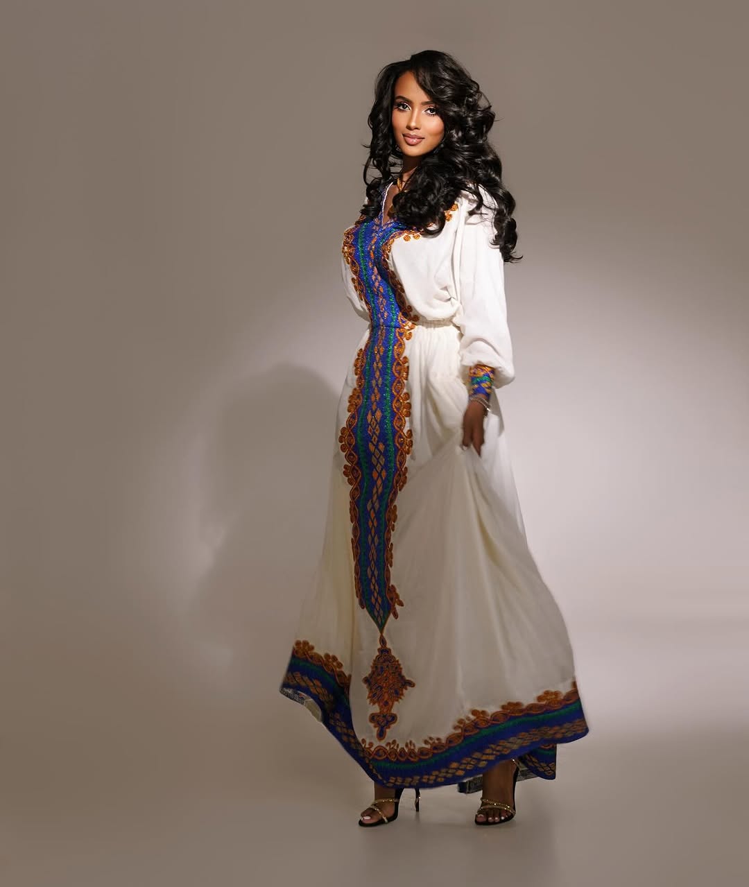 MEKDELAWIT ETHIOPIAN TRADITIONAL DRESS | BLUE AND GOLD HABESHA DRESS | FLOWING FULL SLEEVE HABESHA KEMIS