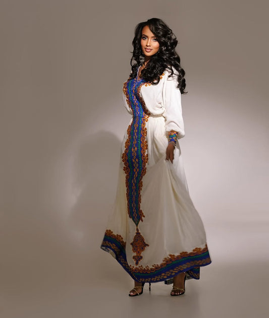 MEKDELAWIT ETHIOPIAN TRADITIONAL DRESS | BLUE AND GOLD HABESHA DRESS | FLOWING FULL SLEEVE HABESHA KEMIS