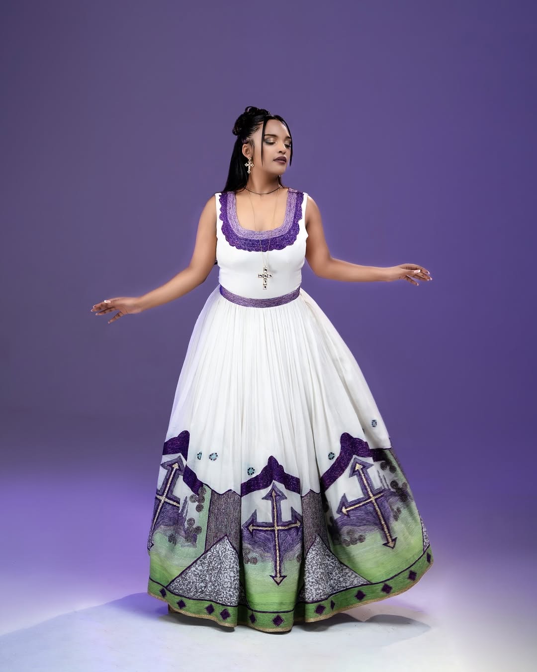MERON ETHIOPIAN WEDDING DRESS | PURPLE & GREEN TIBEB HABESHA KEMIS | SLEEVELESS HABESHA WEDDING DRESS