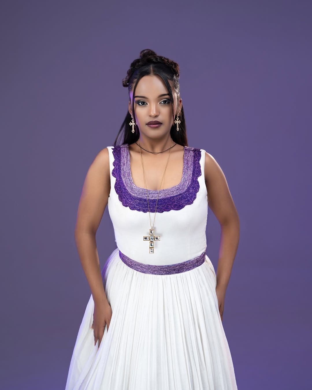 MERON ETHIOPIAN WEDDING DRESS | PURPLE & GREEN TIBEB HABESHA KEMIS | SLEEVELESS HABESHA WEDDING DRESS