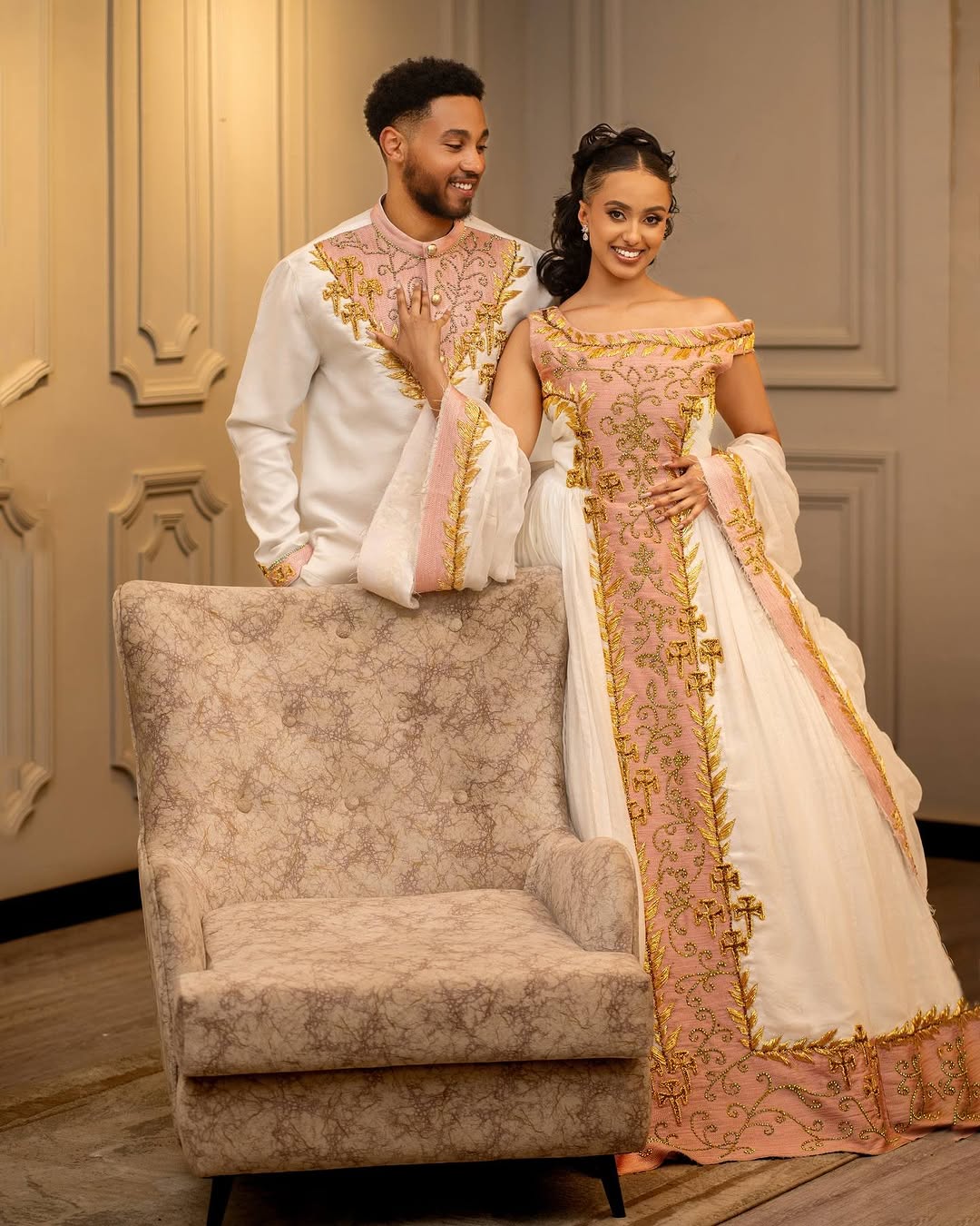 LULA ETHIOPIAN COUPLE'S WEDDING ATTIRE | MODERN TIBEB EMBROIDERY WEDDING OUTFIT | BLUSH PINK AND GOLD TIBEB HABESHA WEDDING CLOTH