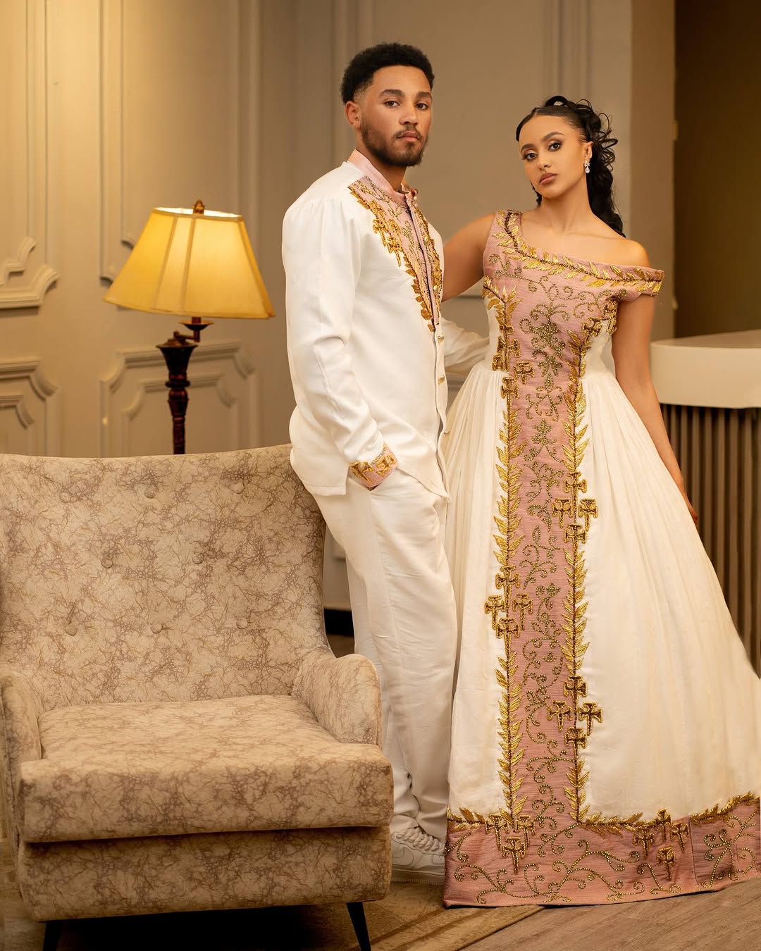 LULA ETHIOPIAN COUPLE'S WEDDING ATTIRE | MODERN TIBEB EMBROIDERY WEDDING OUTFIT | BLUSH PINK AND GOLD TIBEB HABESHA WEDDING CLOTH