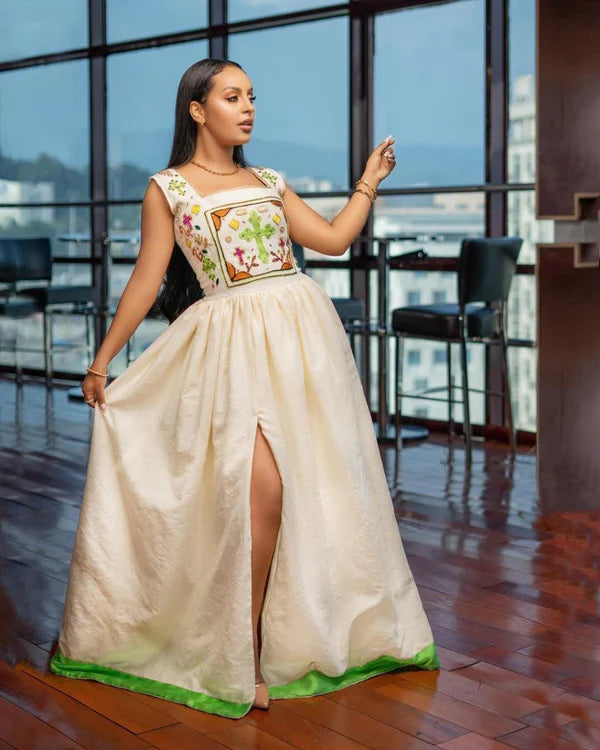 Mheret - Green Handwoven Habesha Dress | Sleeveless Modern Habesha Kemis Hab310