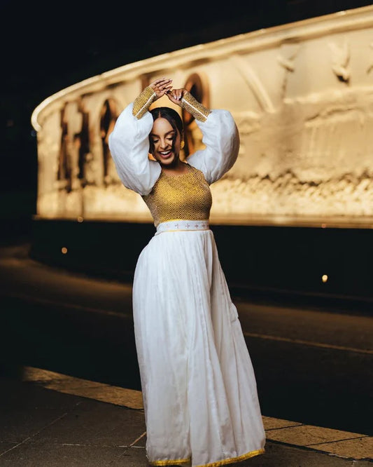 Tsedal - Gold and White Habesha Dress | Handwoven Ethiopian Kemis Hab309