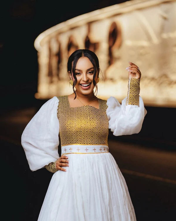 Tsedal Gold and White Habesha Dress | Handwoven Ethiopian Kemis Hab309