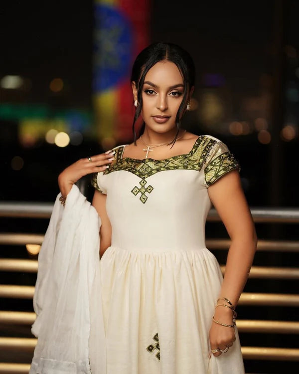 Tsehay Olive Green and Gold Habesha Dress | Elegant Handwoven Habesha Kemis Hab308