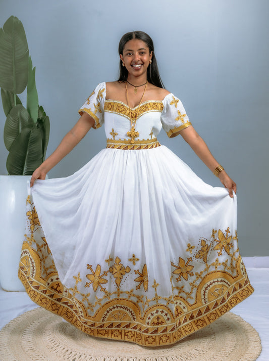 Golden Cross Embroidery & Floral Borders | Ethiopian Handwoven Dress | Off-Shoulder Princess-Style Habesha Kemis Hab215