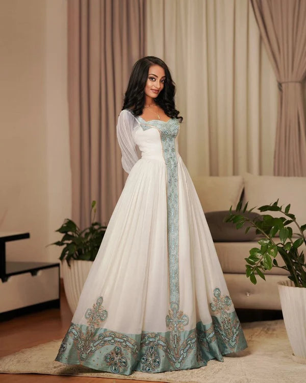 Meseret - Aqua Blue Embroidered Habesha Dress | Elegant Ethiopian Kemis Hab304
