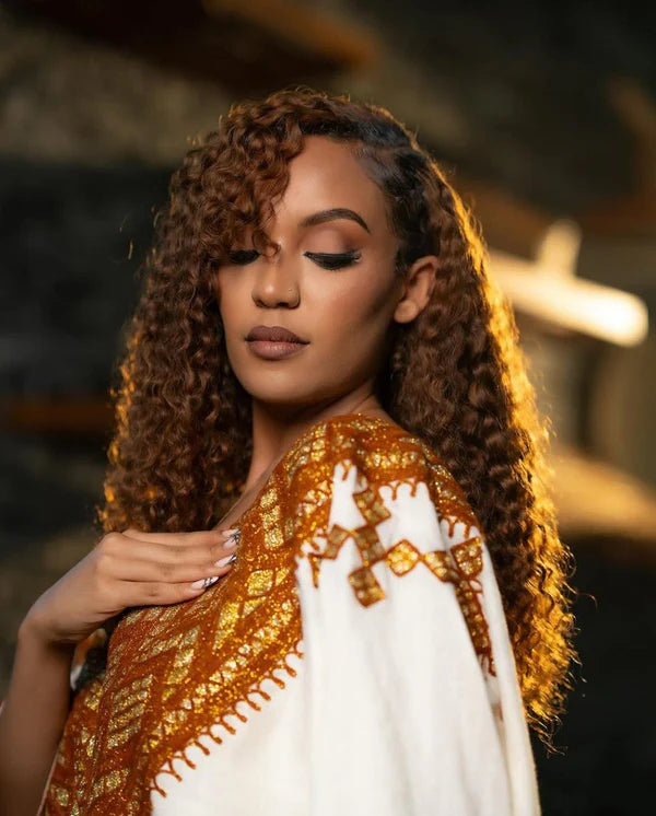 Alem Brown and Gold Embroidered Habesha Kemis | Elegant Habesha Clothing Hab307