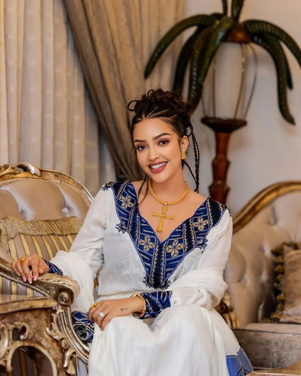 Estub - Blue Embroidered Habesha Dress | Elegant Eritrean Dress for Cultural Events Hab303