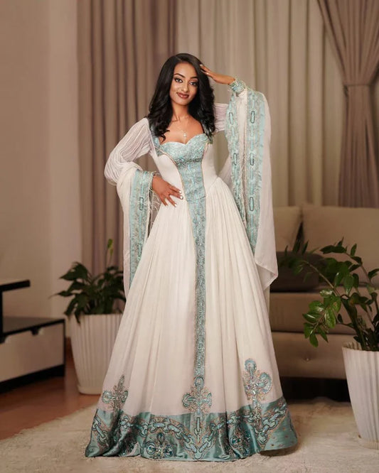 Meseret - Aqua Blue Embroidered Habesha Dress | Elegant Ethiopian Kemis Hab304