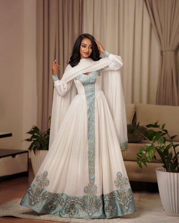 Meseret - Aqua Blue Embroidered Habesha Dress | Elegant Ethiopian Kemis Hab304