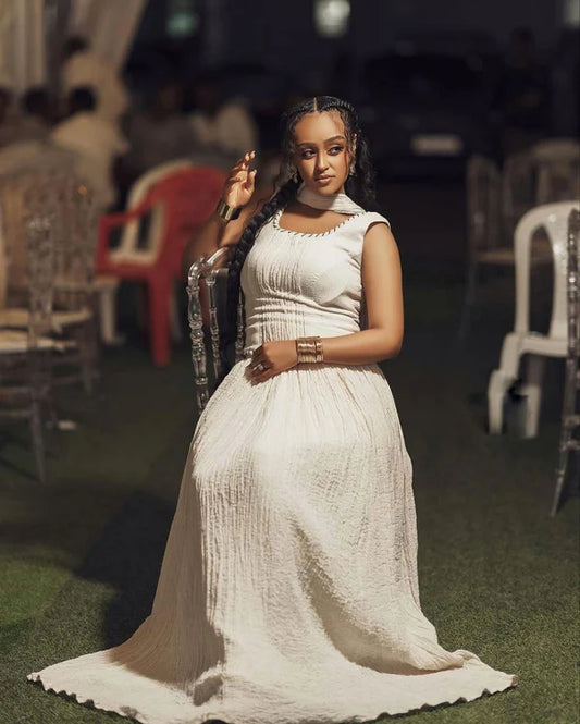 Betty - White Textured Habesha Dress | Simple Handwoven Habesha Kemis Hab306