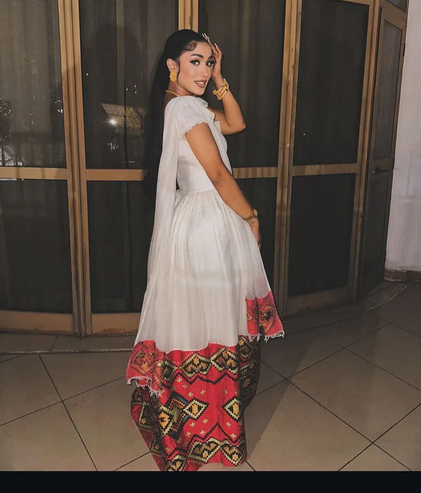Liya - Red, Yellow & Black Waist Embroidered Habesha Kemis | Eritrean Dress Hab301