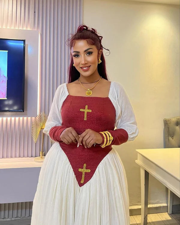 Seble - Red Handwoven Habesha Kemis with Elegant Embroidery | Ethiopian Traditional Dress Hab294