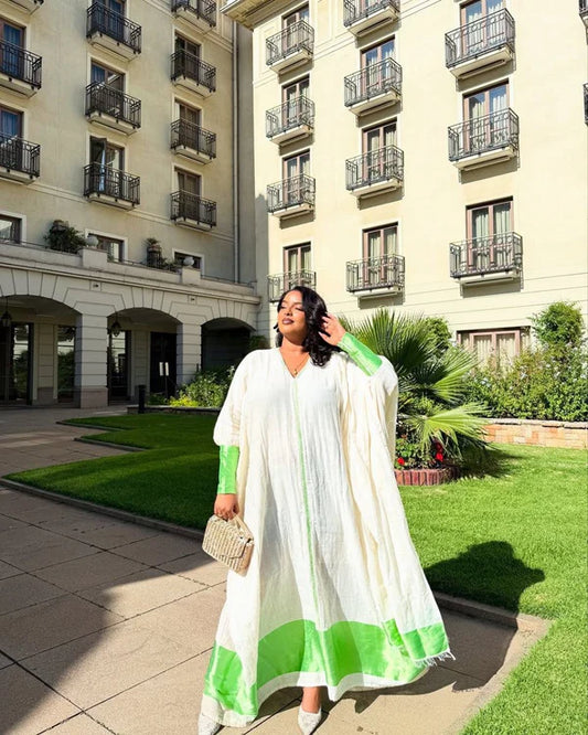 Eyerus - Green Embroidered Habesha Kemis for Celebrations | Ethiopian Traditional Dress Hab299