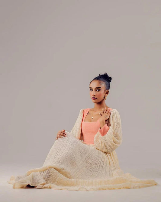 Bemnet - Peach Classic Habesha Kemis with Subtle Embroidery | Ethiopian Traditional Dress Hab300