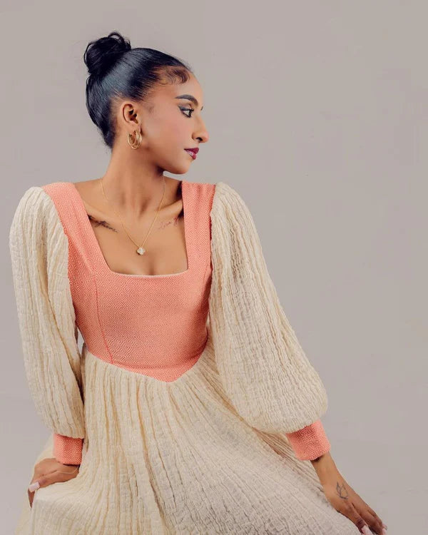 Bemnet - Peach Classic Habesha Kemis with Subtle Embroidery | Ethiopian Traditional Dress Hab300
