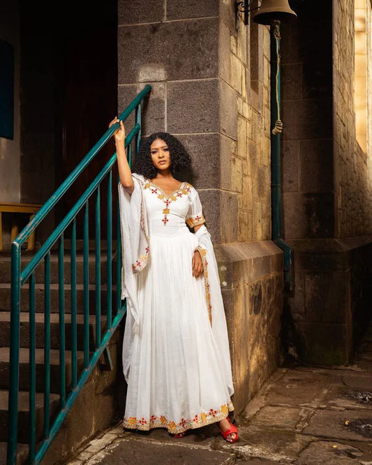 Dagi - Orange and Pink Floral Embroidered Habesha Kemis | Habesha Clothing Hab293