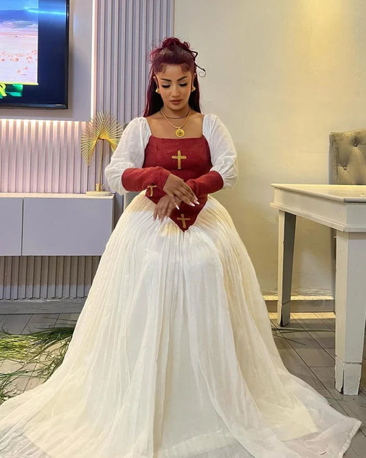 Seble - Red Handwoven Habesha Kemis with Elegant Embroidery | Ethiopian Traditional Dress Hab294