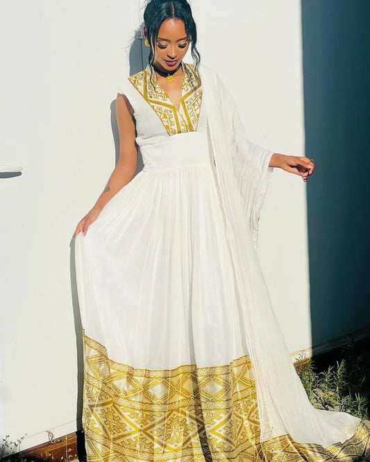 Hiwot - Gold Embroidered Handwoven Habesha Kemis | Traditional Ethiopian Dress Hab281