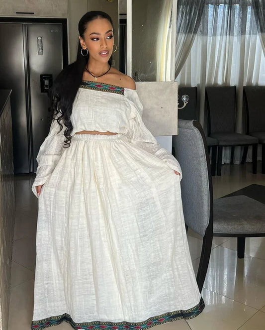 Fkir - Green Red and Black Trim Off-Shoulder Habesha Kemis | Handmade Modern Ethiopian Traditional Dress Hab286
