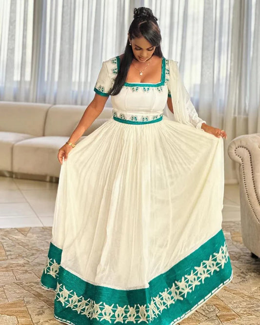 Frehiwot - Green Embroidered Short Sleeve Habesha Kemis | Handmade Ethiopian Traditional Clothing Hab287