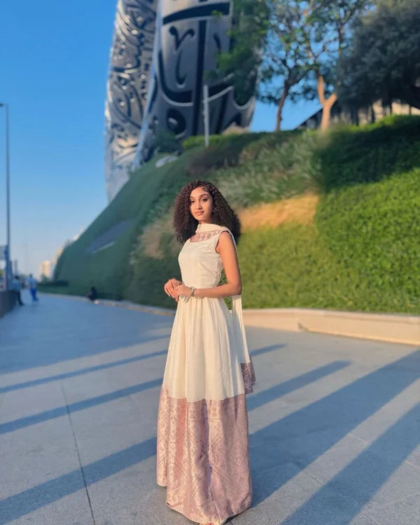 Nigist - Pink Patterned Handwoven Habesha Kemis with Light Bodice | Traditional Ethiopian Dress Hab298