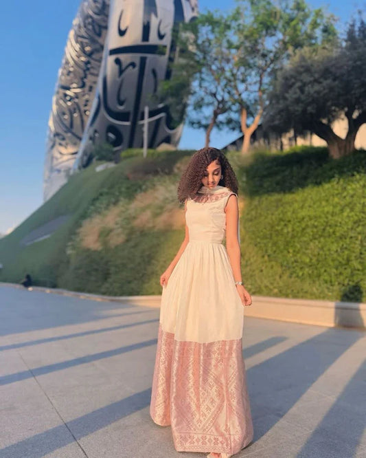 Nigist - Pink Patterned Handwoven Habesha Kemis with Light Bodice | Traditional Ethiopian Dress Hab298