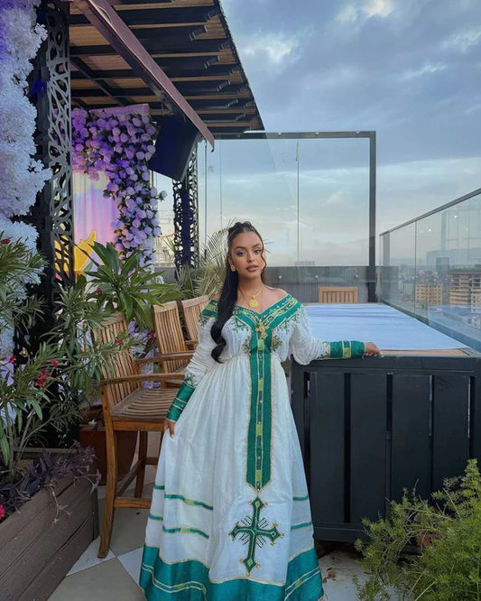 Debora - Teal and Gold Embroidered Habesha Kemis | Elegant Traditional Ethiopian Dress Hab292