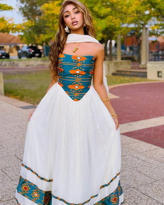 Salina - Teal and Orange Handwoven Habesha Kemis | Modern Habesha Dress Hab284
