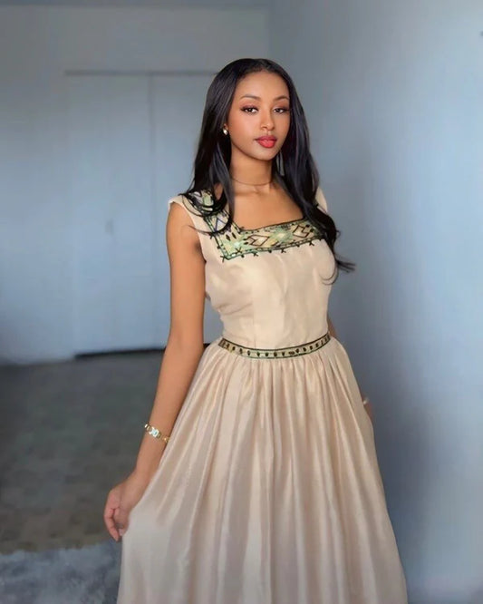 Samrawit - Beige and Green Handwoven Habesha Kemis | Elegant Ethiopian Traditional Dress Hab280