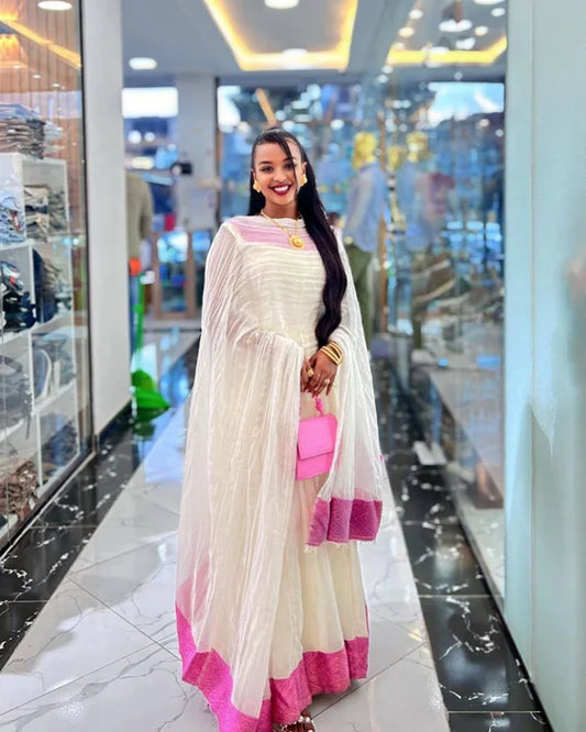 Tsega - Pink Embroidered Handwoven Habesha Kemis | Simple Ethiopian Traditional Dress Hab278
