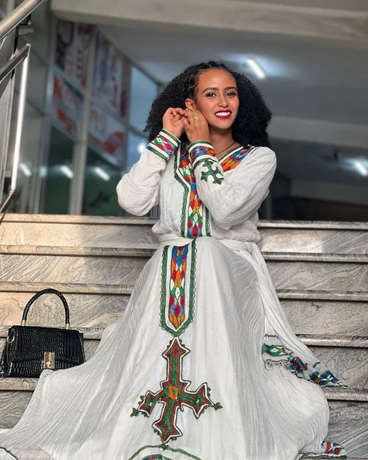 Feven - Colorful Embroidered Handwoven Habesha Kemis | Traditional Habesha Dress Hab282