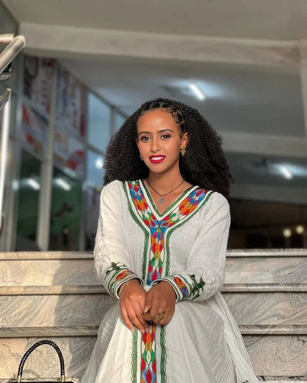 Feven - Colorful Embroidered Handwoven Habesha Kemis | Traditional Habesha Dress Hab282