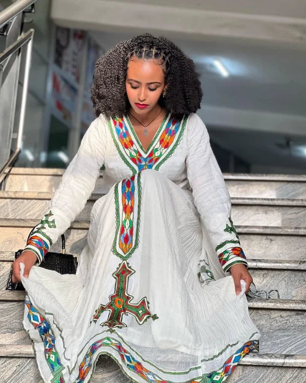 Feven - Colorful Embroidered Handwoven Habesha Kemis | Traditional Habesha Dress Hab282