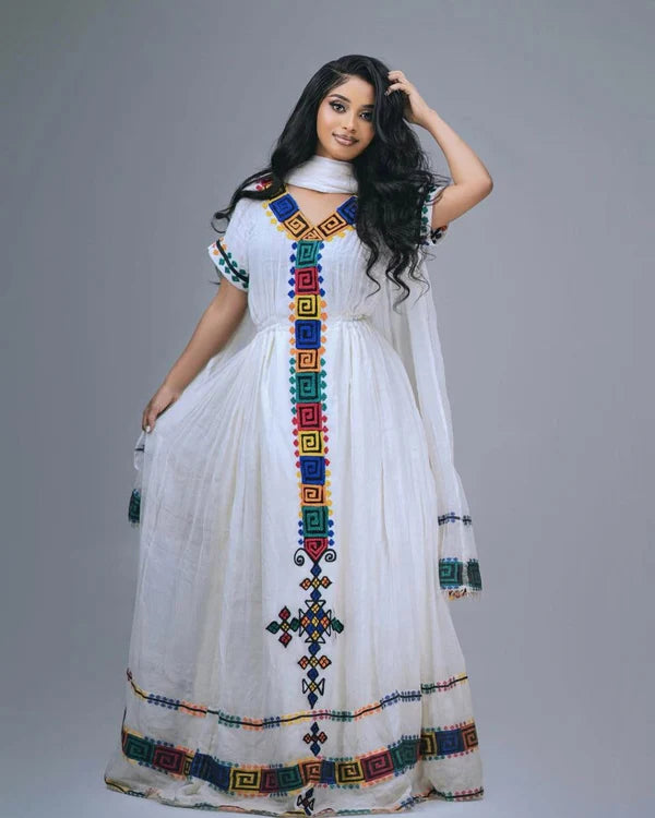 Selam - Colorful Geometric Handwoven Habesha Kemis | Simple Traditional Ethiopian Dress Hab275