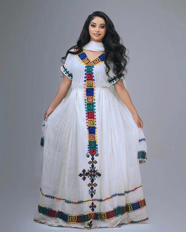 Selam - Colorful Geometric Handwoven Habesha Kemis | Simple Traditional Ethiopian Dress Hab275
