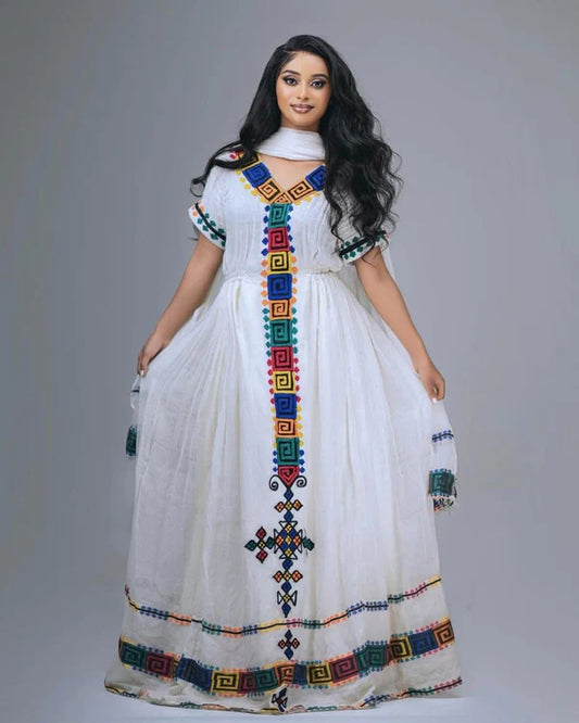 Selam - Colorful Geometric Handwoven Habesha Kemis | Simple Traditional Ethiopian Dress Hab275