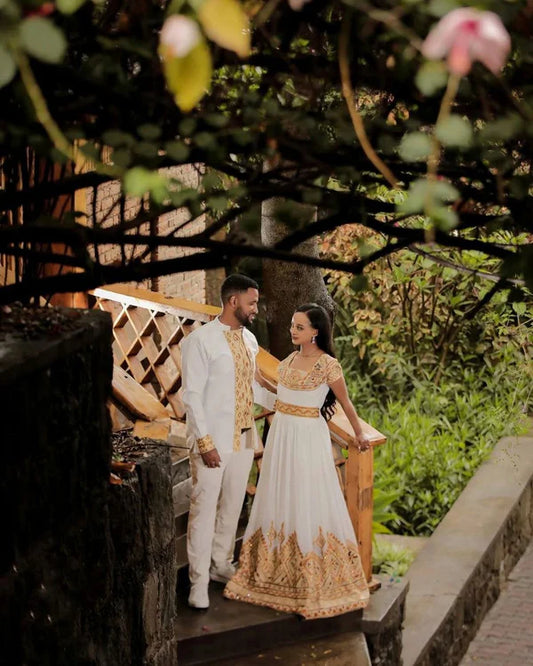 Winta - Gold Embroidered Habesha Kemis and Men's Shirt Set | Elegant Ethiopian Wedding Dress Hab277