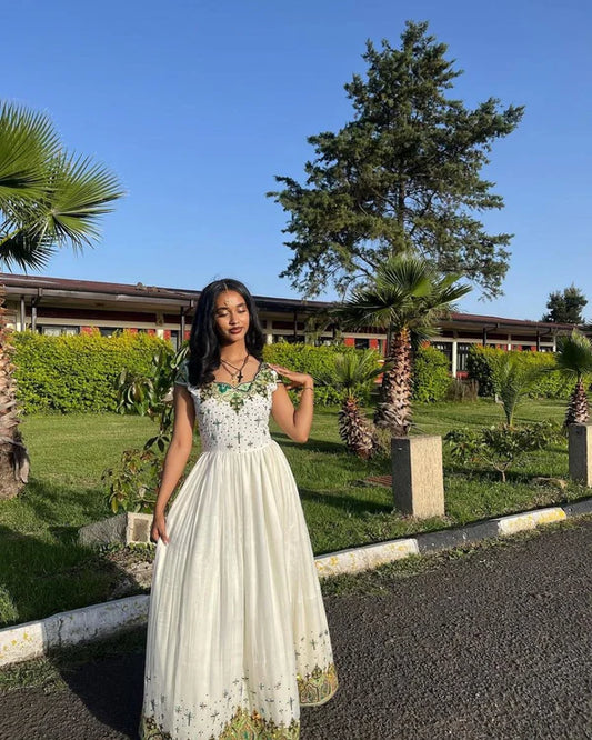 Kidist - Green and Gold Embroidered Handwoven Habesha Kemis | Elegant Eritrean and Ethiopian Traditional Dress Hab274