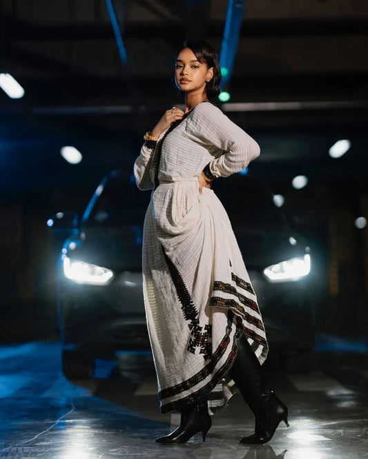 Mahider - Black and Gold Tilet Embroidered Handwoven Habesha Kemis | Stylish Modern Ethiopian Dress Hab272