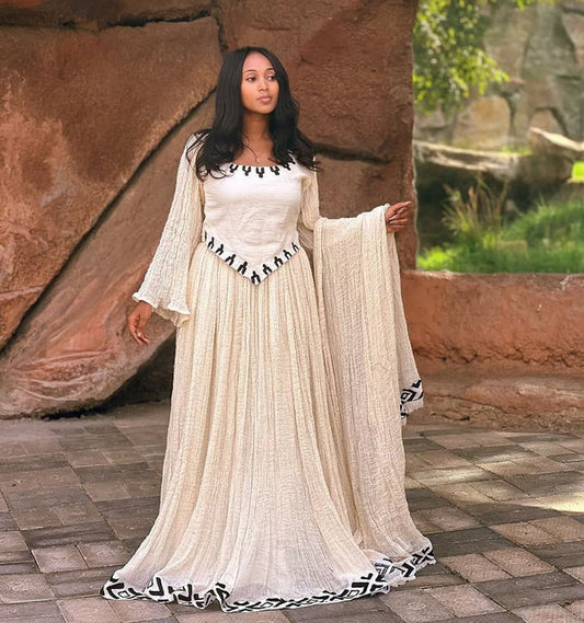 Eden - Black and White Embroidered Handwoven Habesha Kemis | Long Sleeve Traditional Ethiopian Dress Hab270