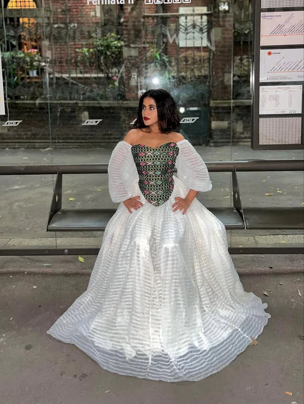 Saba - Multicolor Embroidered Off Shoulder Handwoven Habesha Kemis | Elegant Traditional Ethiopian Dress Hab269